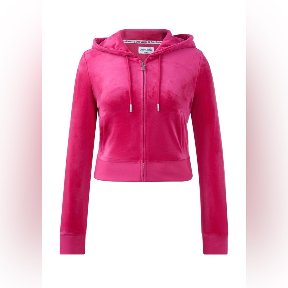 Juicy Couture Hot Pink Velour Rhinestone Logo Cropped Hoodie - Picture 2 of 3